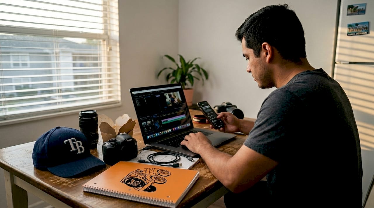 Man editing social media video at home in Tampa