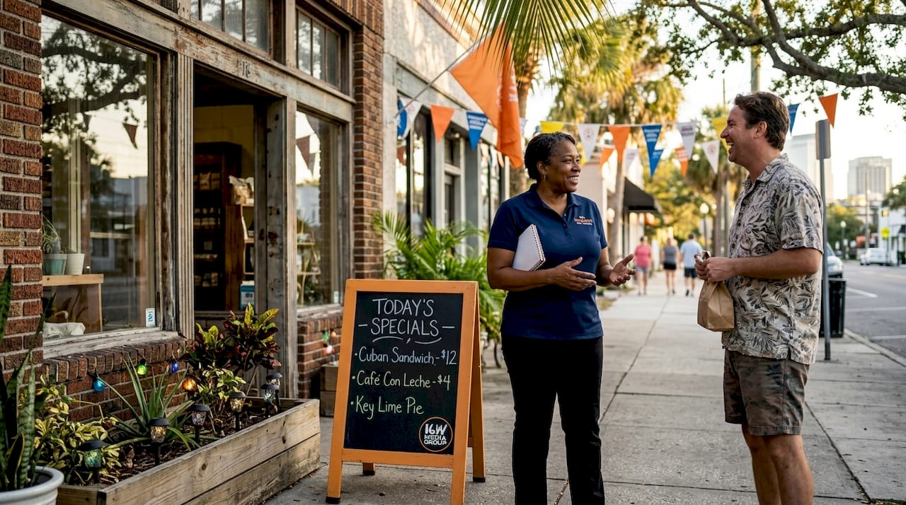 Tampa shop owner talking with customer outside