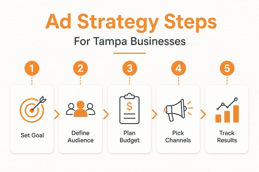 Infographic summarizing core ad strategy steps