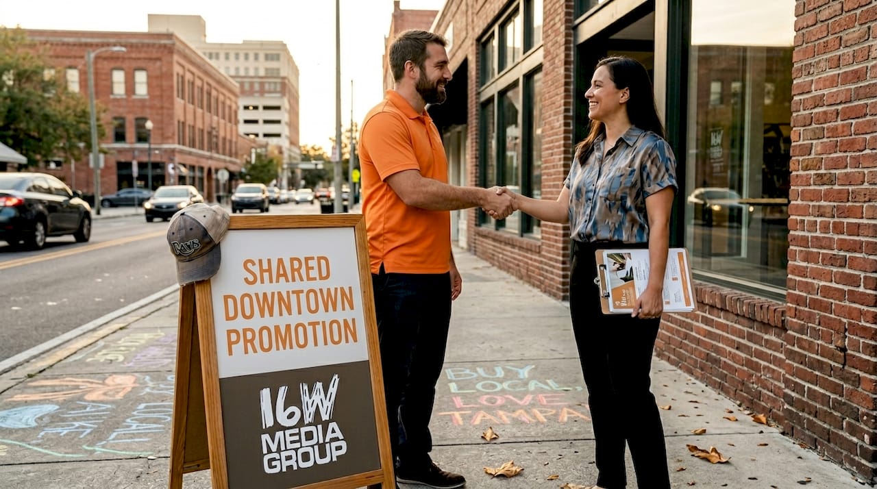 Tampa business owners shake hands outside shop