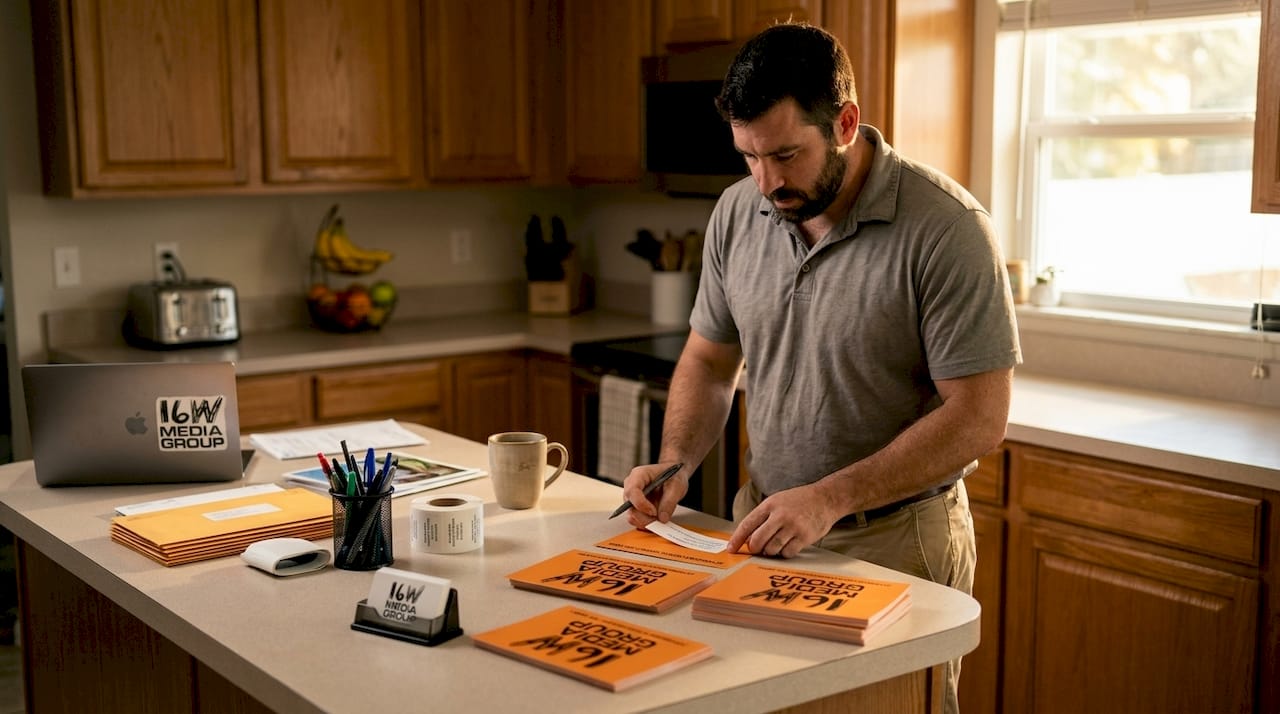 Roofing contractor preparing direct mail postcards