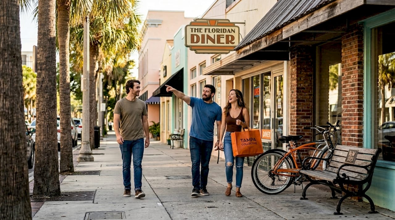 Group strolling in vibrant Tampa neighborhood