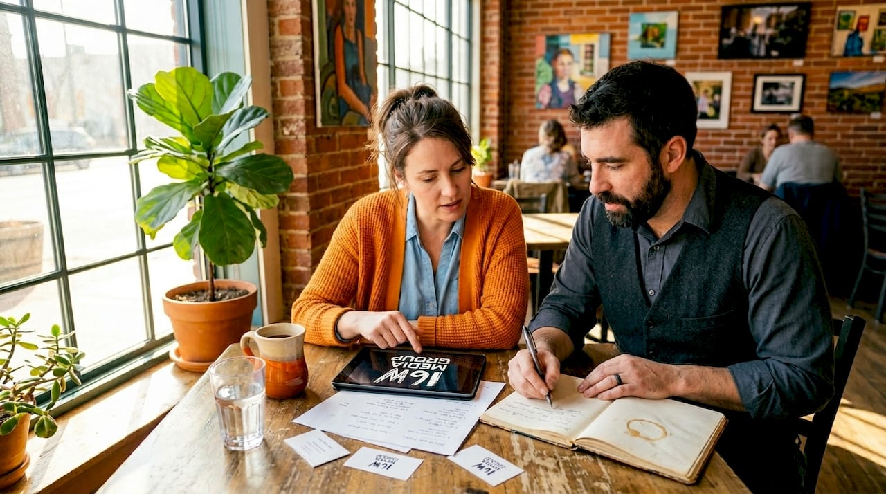 Team planning podcast episode in workspace