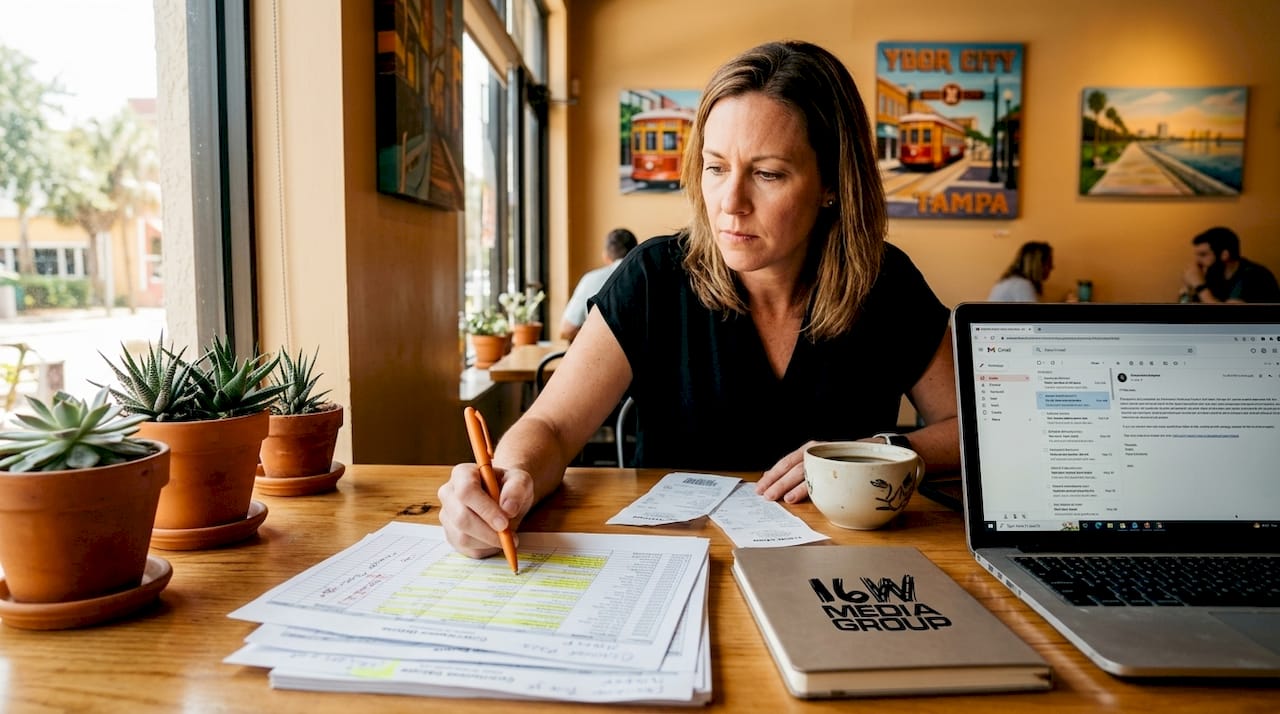Businesswoman auditing customer data in back office