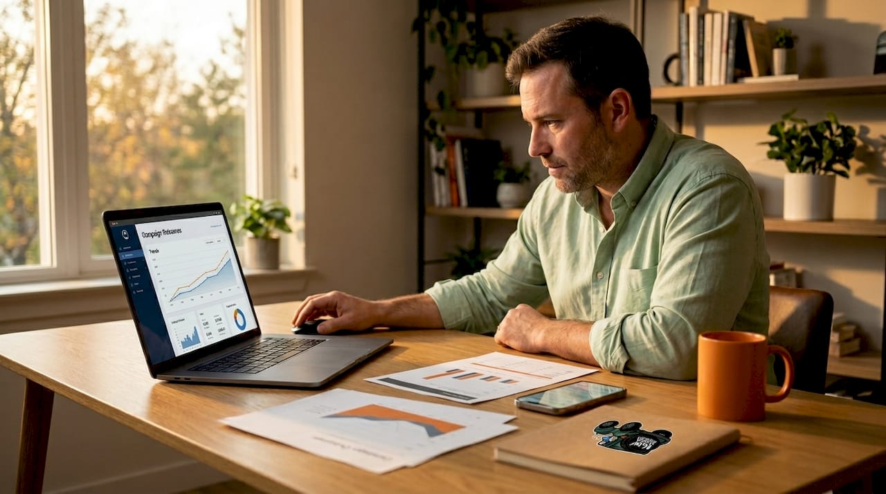 Manager reviewing marketing results in home office