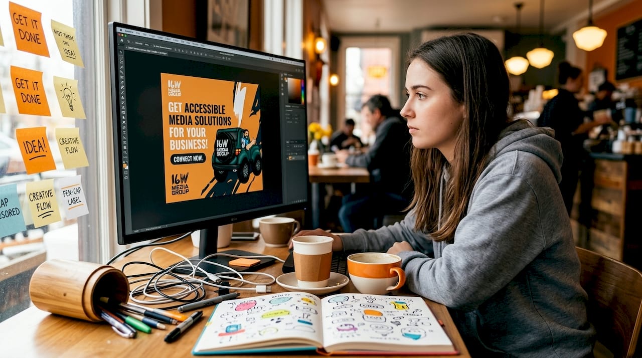 Designer creating ad on coworking desk