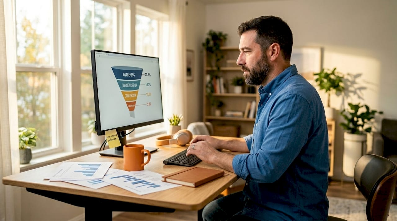 Marketer reviewing funnel stages at desk