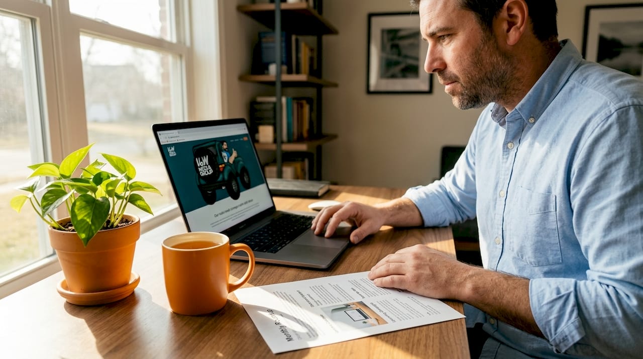 Marketer manages owned media channels at desk
