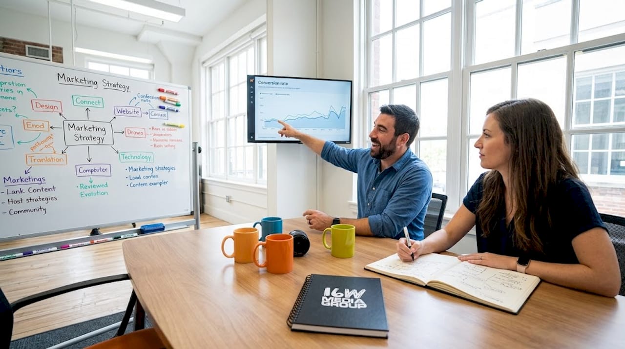 Colleagues discussing AI targeting at small office table