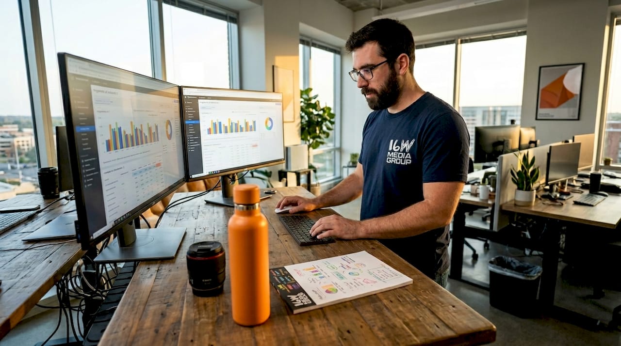 Digital strategist reviewing ad platform dashboards