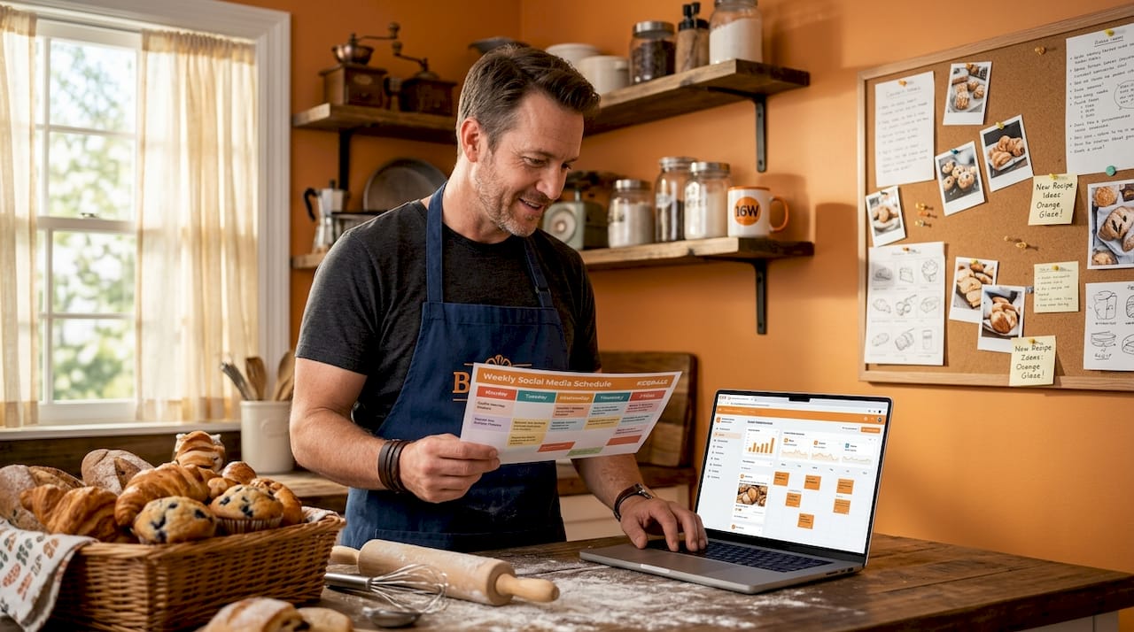 Bakery owner planning content calendar