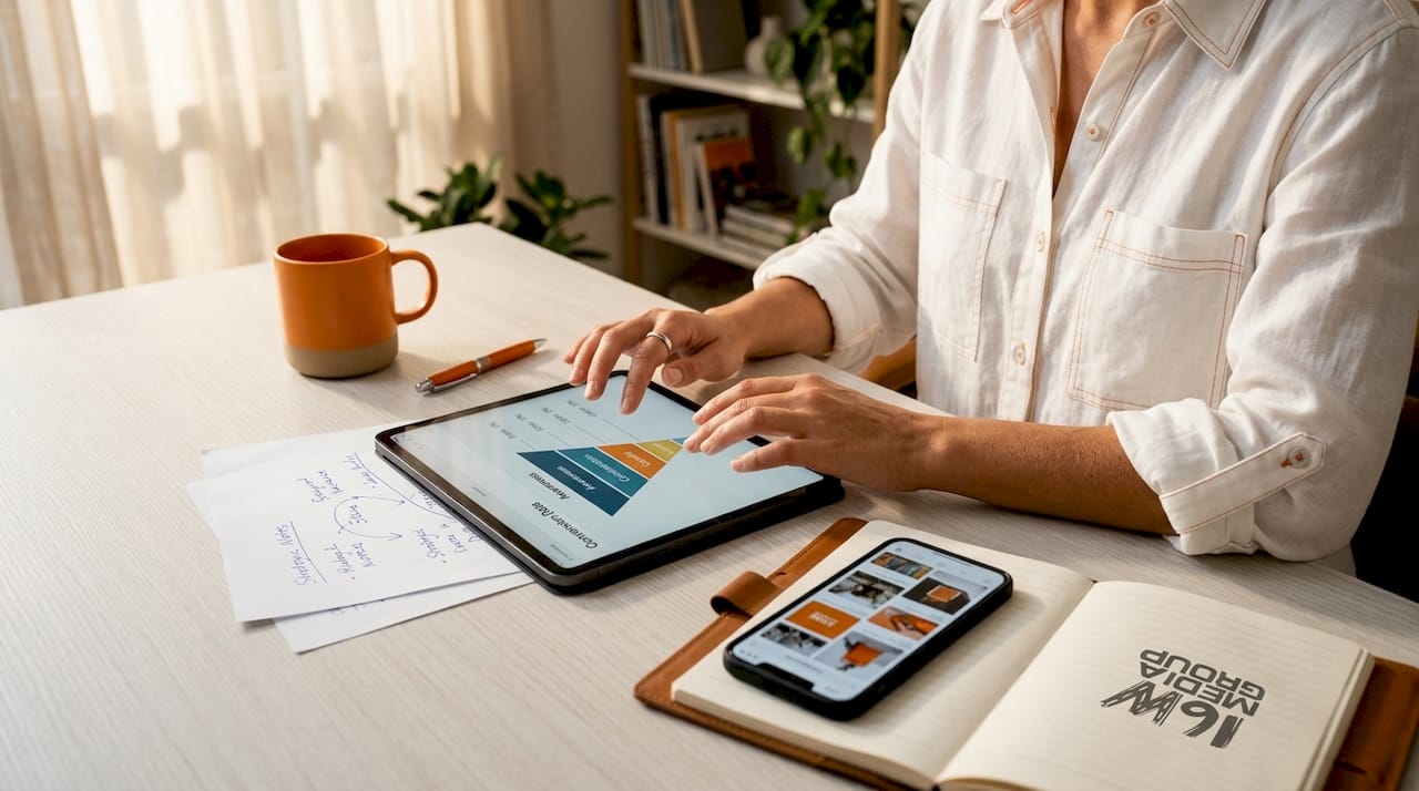 Hands scrolling buying funnel performance tablet