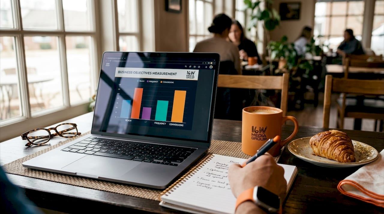 Laptop screen showing business objectives chart