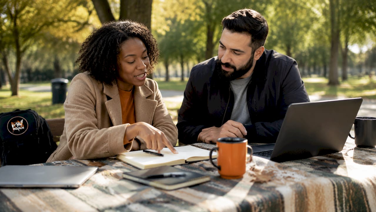 Two professionals discussing educational content and trust