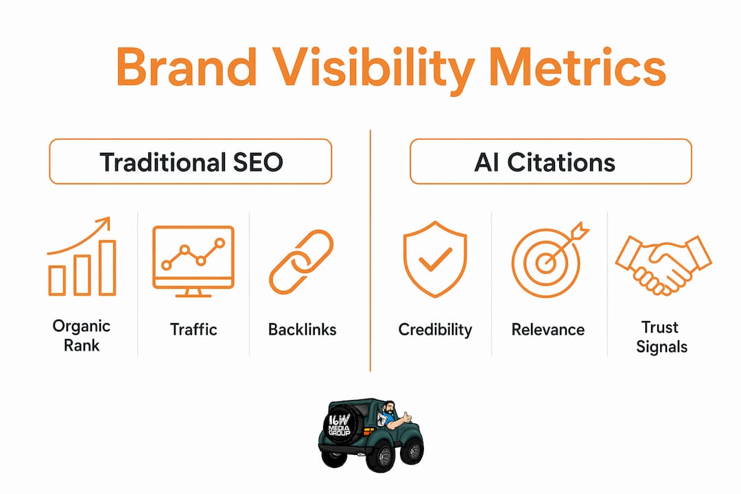 Infographic comparing traditional SEO and AI citation metrics