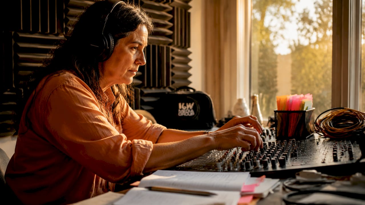 Radio producer adjusting mixing console controls