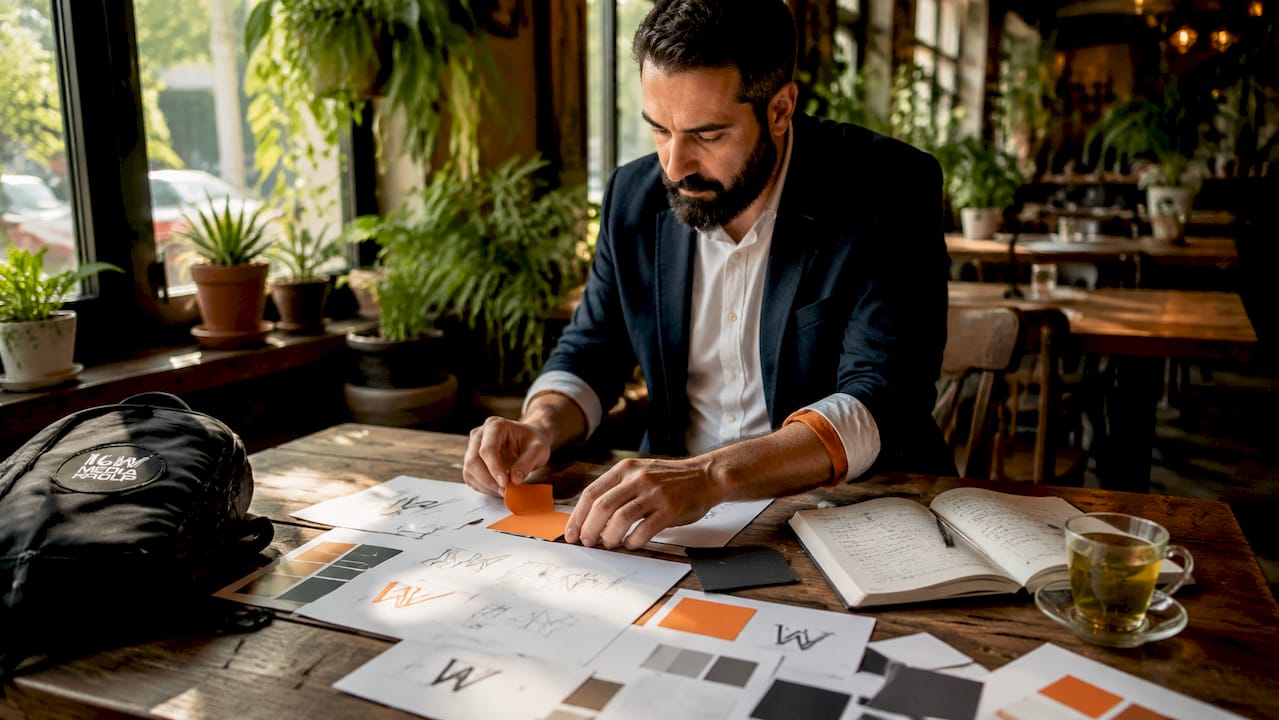 Hands arranging brand identity materials on desk
