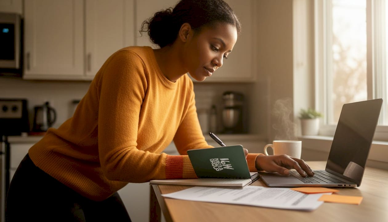Woman reviewing local business profile notes