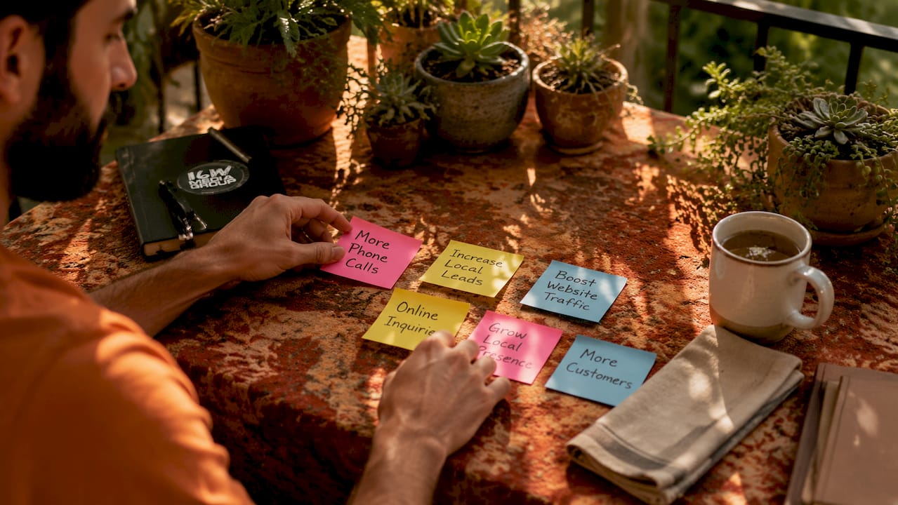 Hands arranging local advertising goal notes