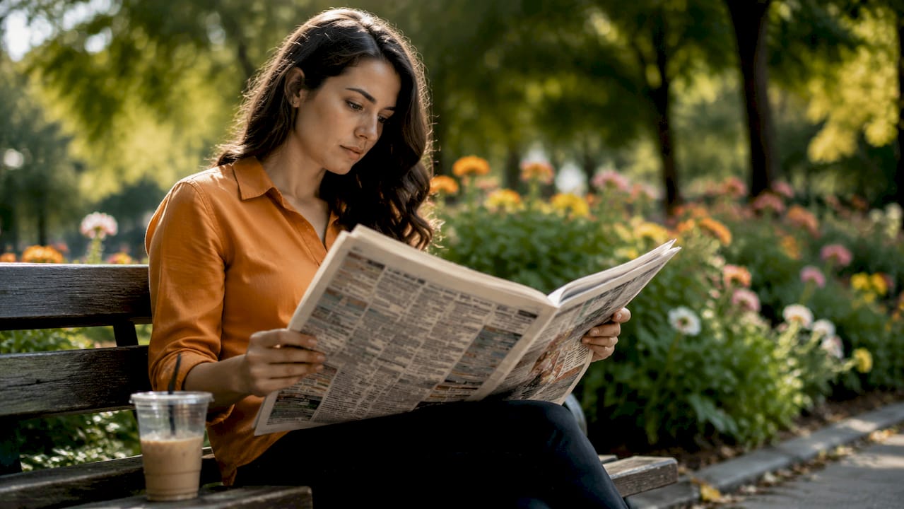 Woman reading newspaper ads at café table