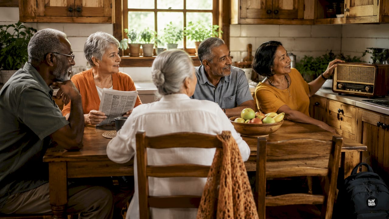 Older adults engaging with traditional media in living room