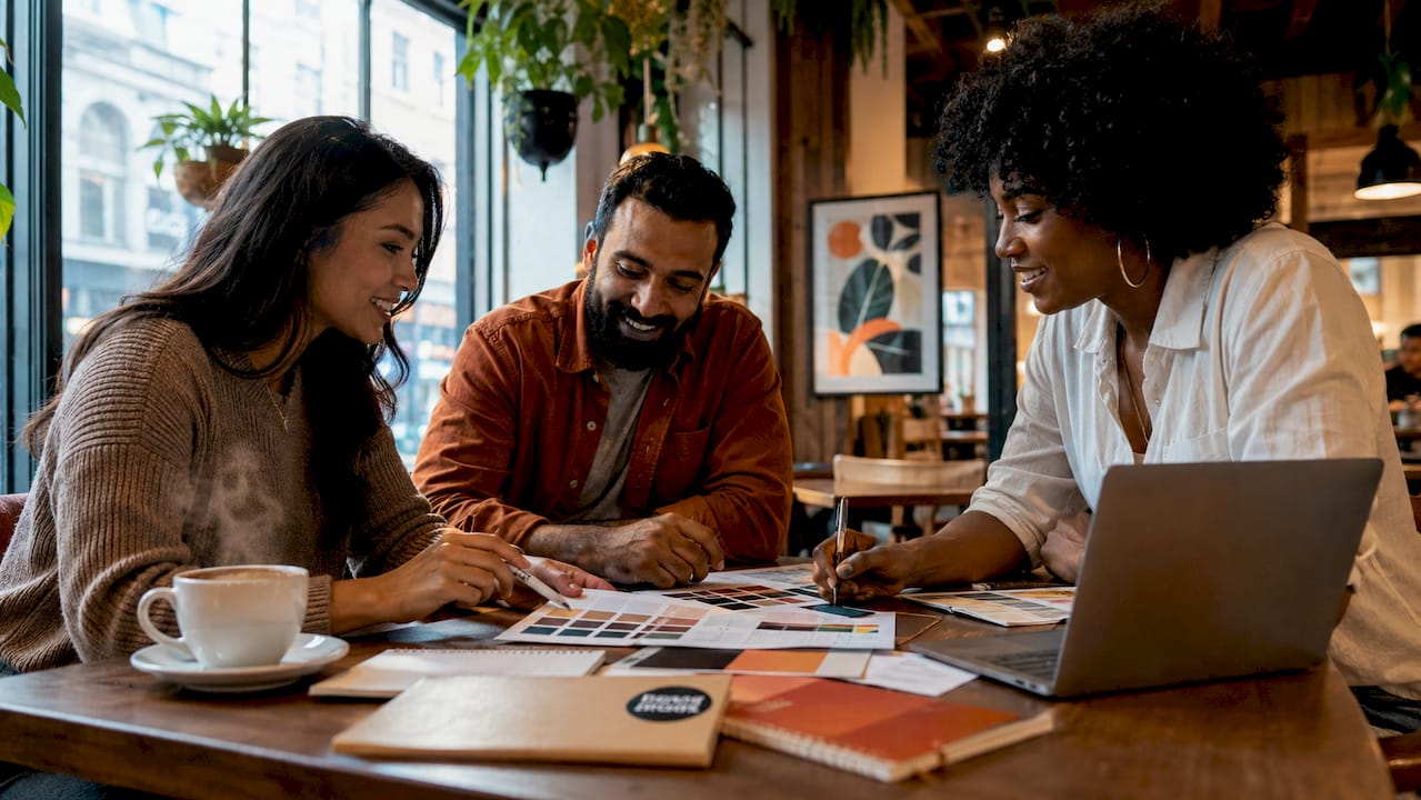 Team collaborating on brand visuals overhead
