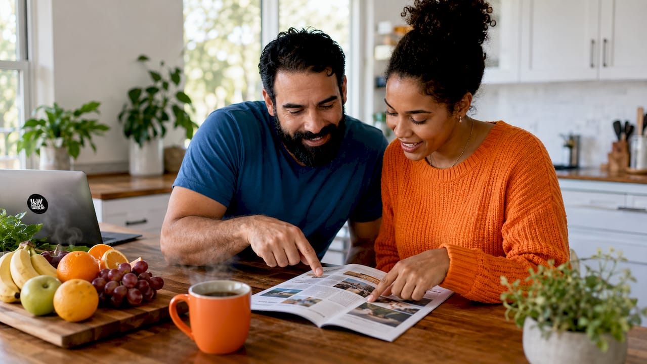 Hands holding community newsletter at kitchen table