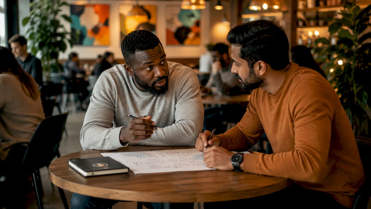 Colleagues discussing advertising strategy in office