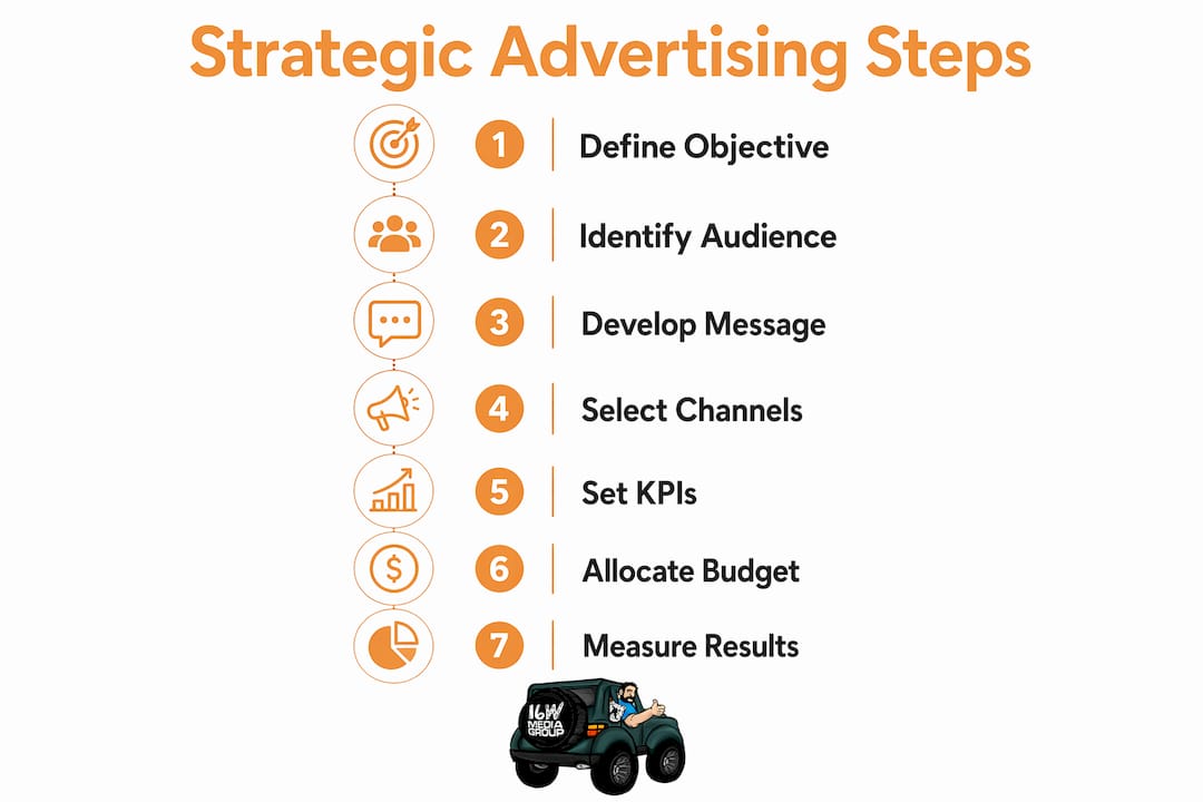 Infographic showing seven steps of strategic advertising
