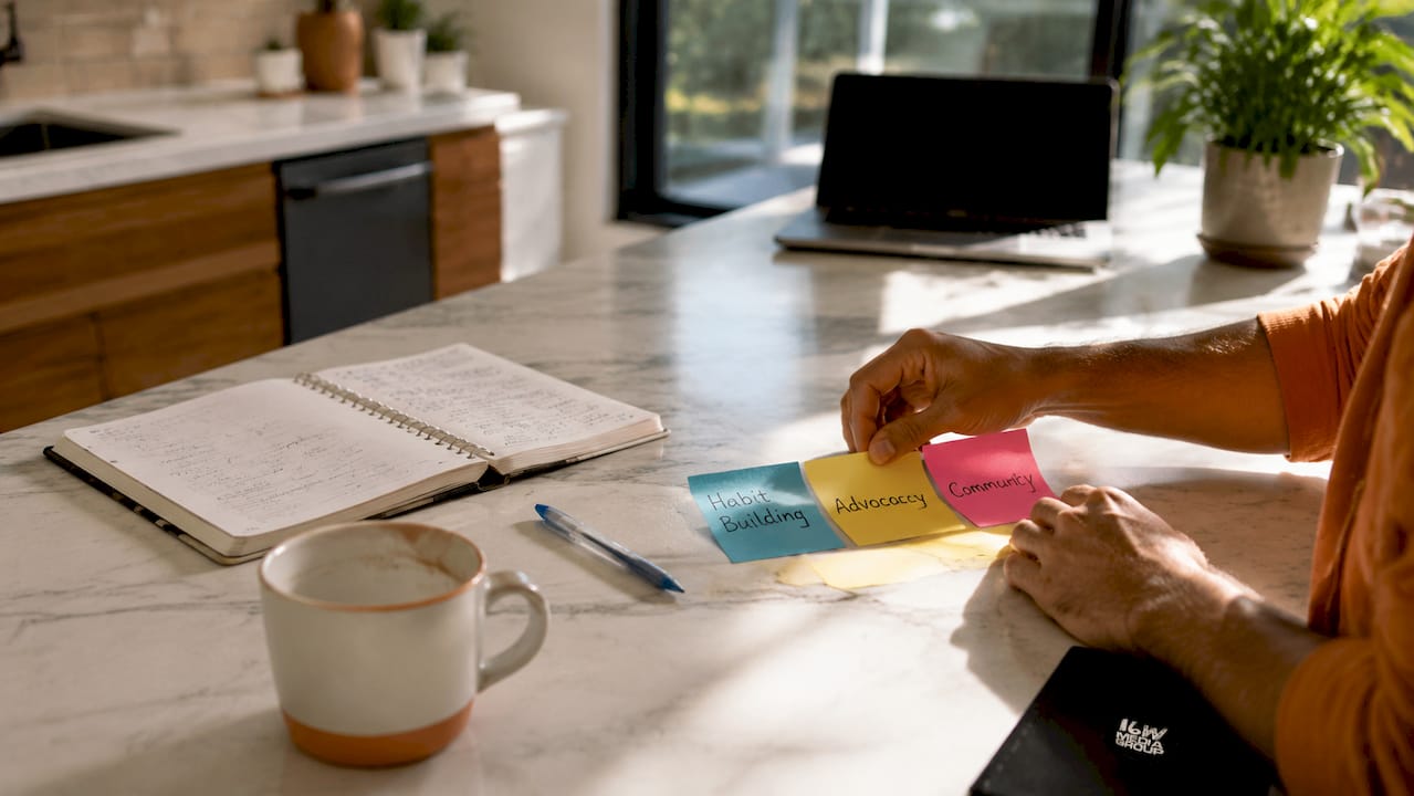 Hands organizing brand loyalty phases on sticky notes