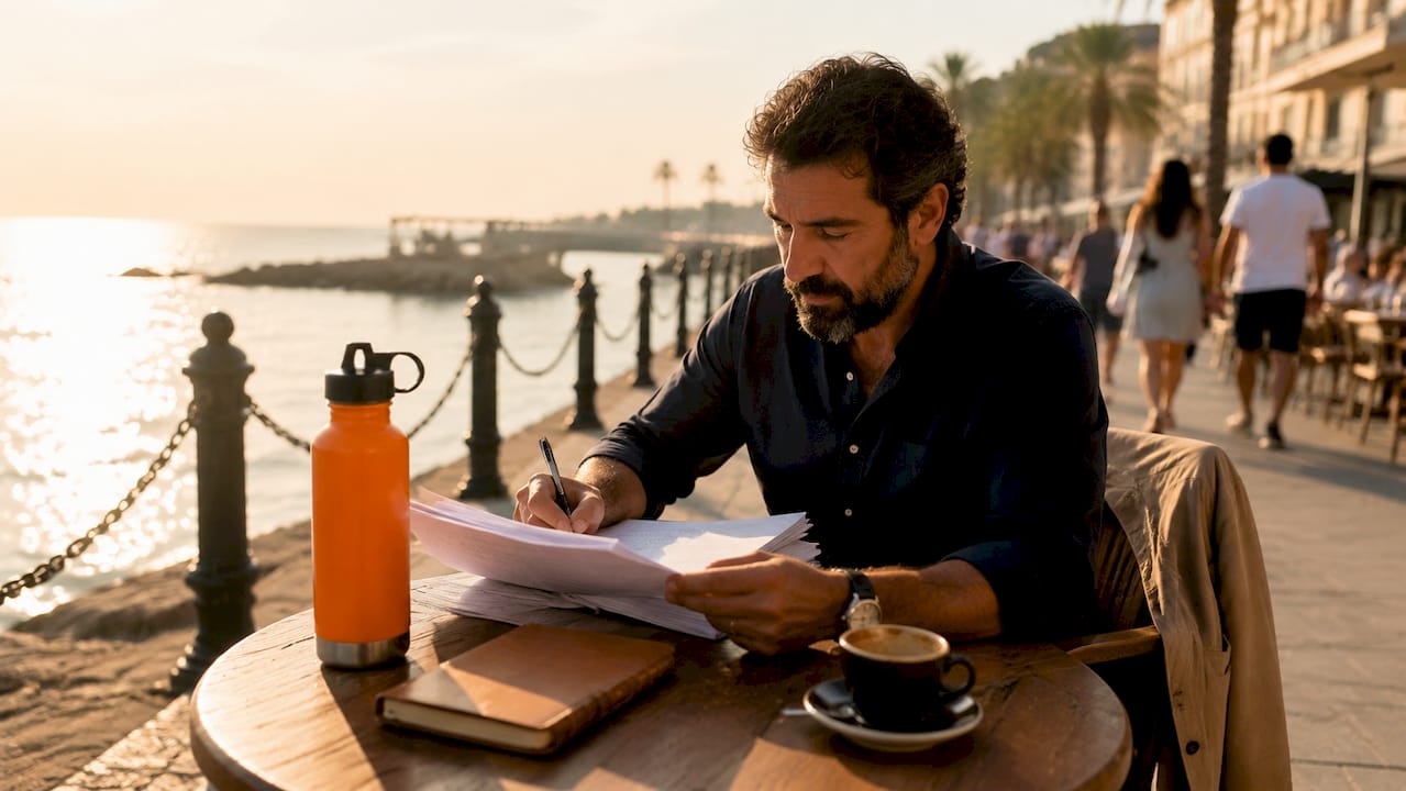 Journalist reviewing media outreach materials outdoors