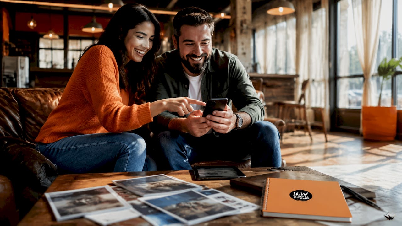 Two people discussing magazines and digital media