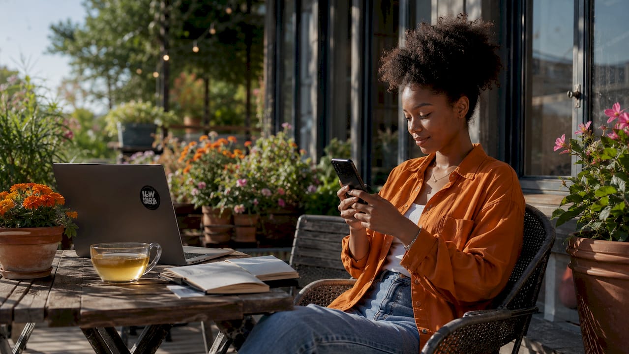 Hands scrolling customer reviews on smartphone at cafe table