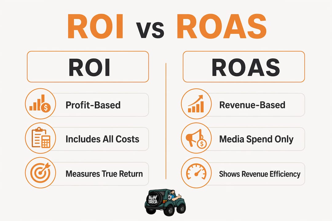 Infographic comparing ROI and ROAS metrics