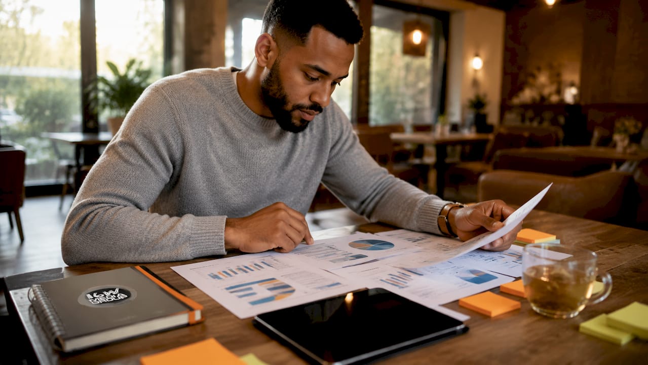 Man analyzing local digital media plans at desk