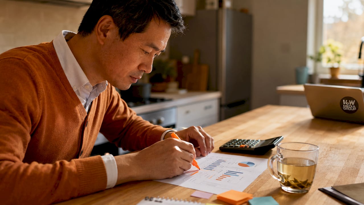 Man analyzing customer retention chart in office