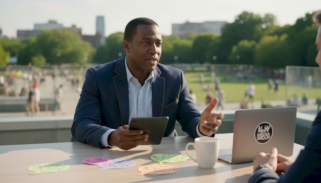 Man discussing messaging strategies in meeting