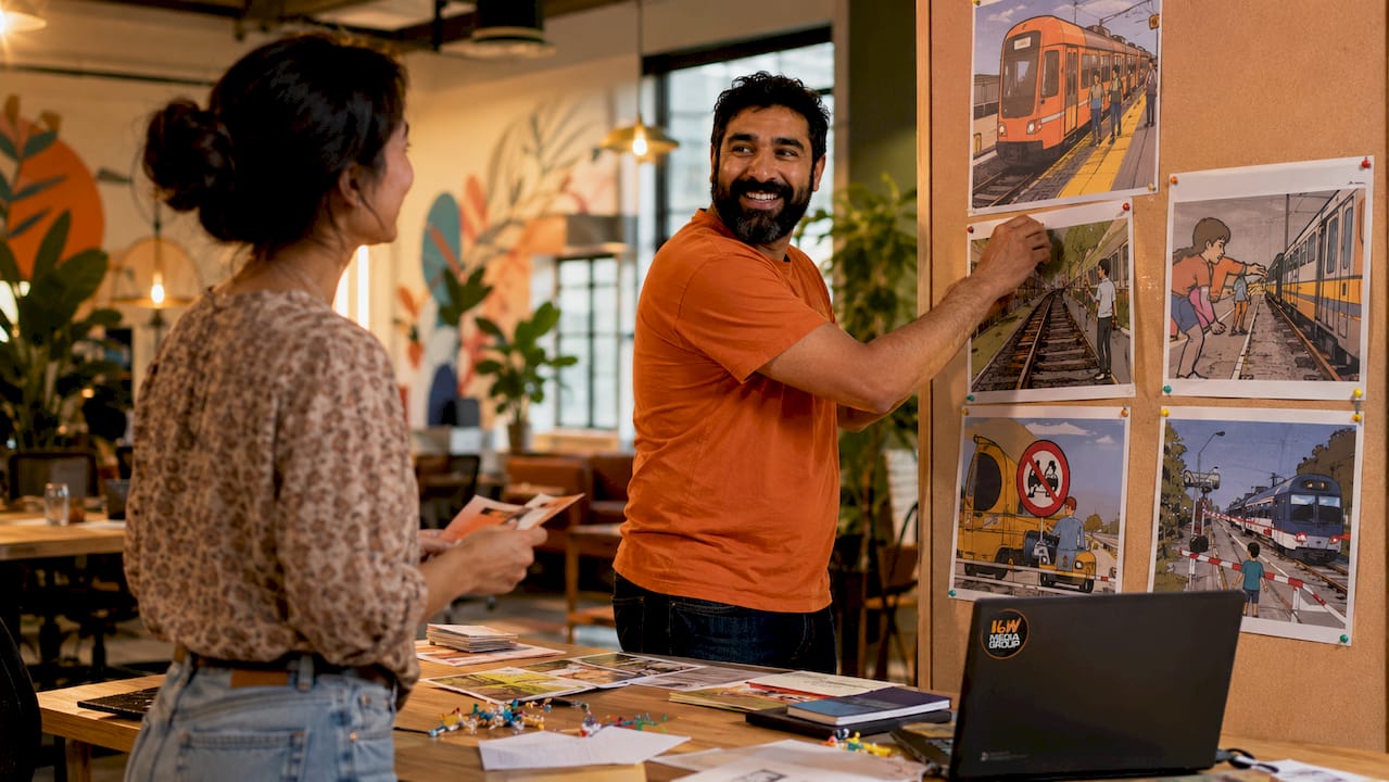 Designer hands arranging railway safety posters on table