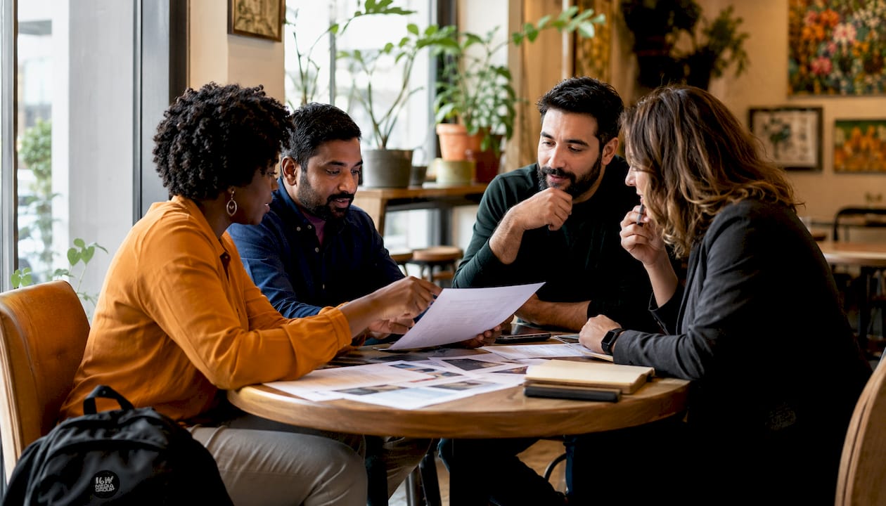 Local business owners collaborating on media plans