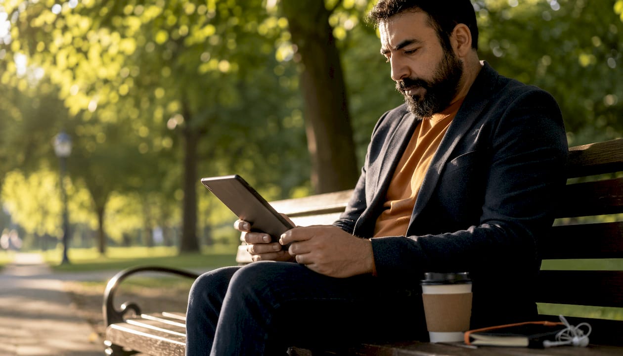Man using tablet outdoors for behavioral targeting
