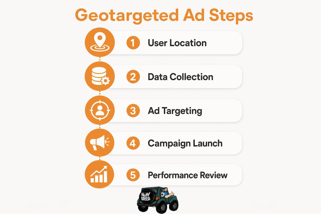 Infographic outlining geotargeted ad process steps