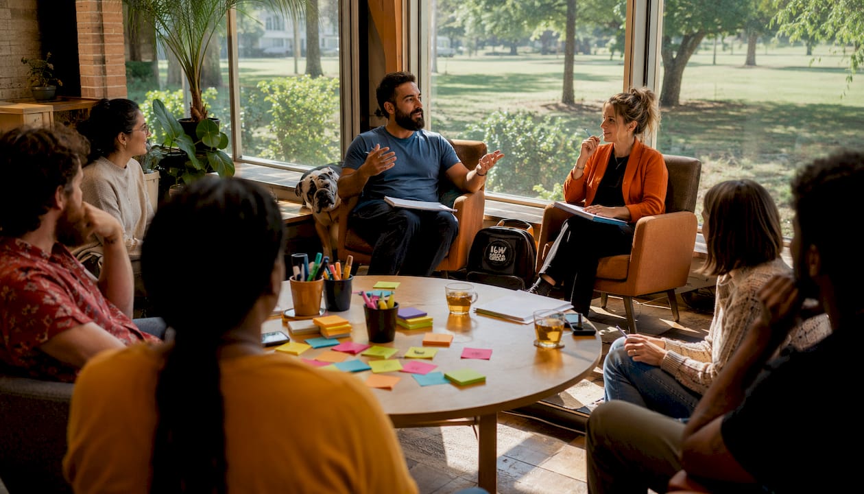 Facilitators leading community storytelling session