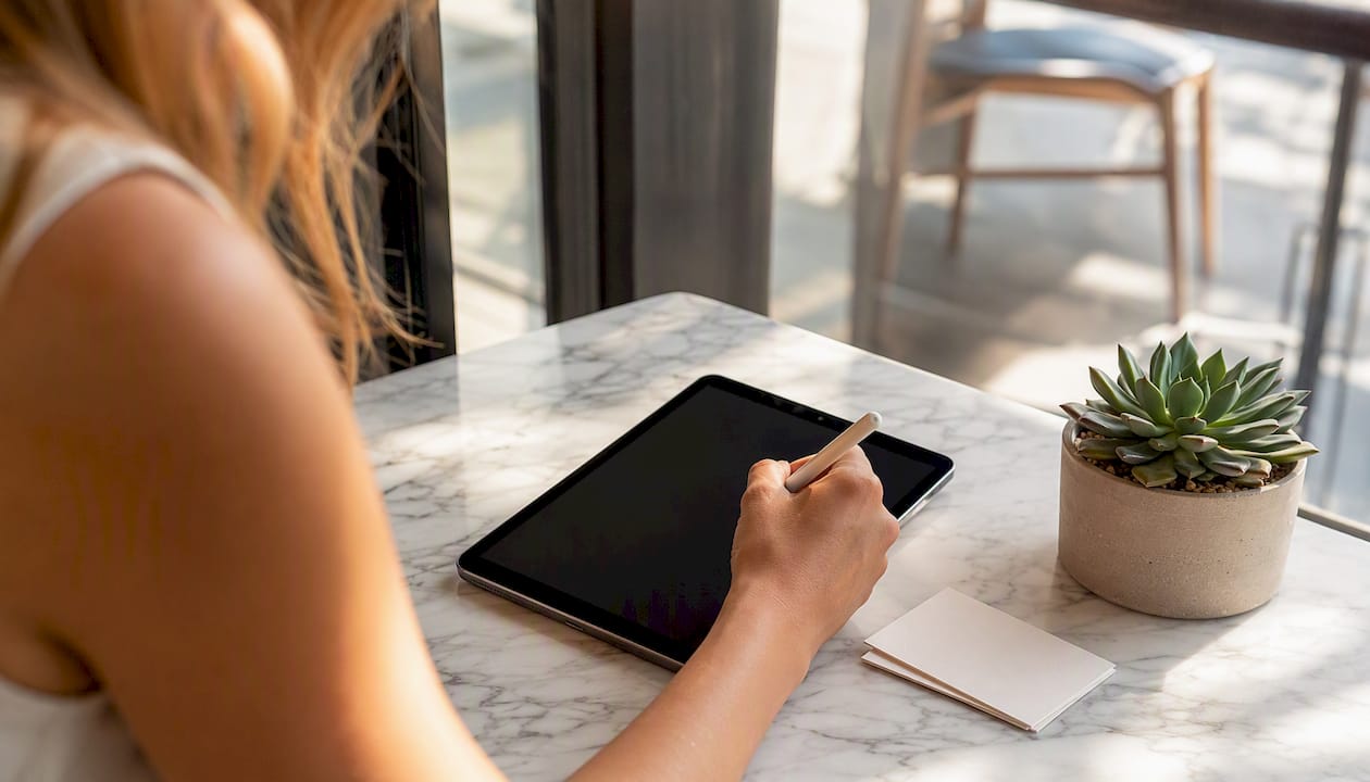 Hand filling form on tablet on desk
