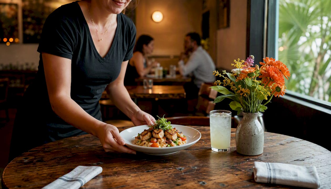 Server placing dish at local restaurant table