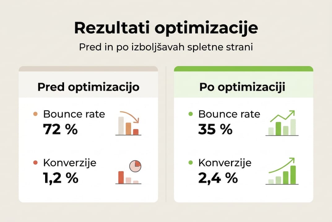 Na infografiki so prikazane ključne metrike pred in po izvedeni optimizaciji, kar omogoča jasen vpogled v dosežene izbolj&scaron;ave.