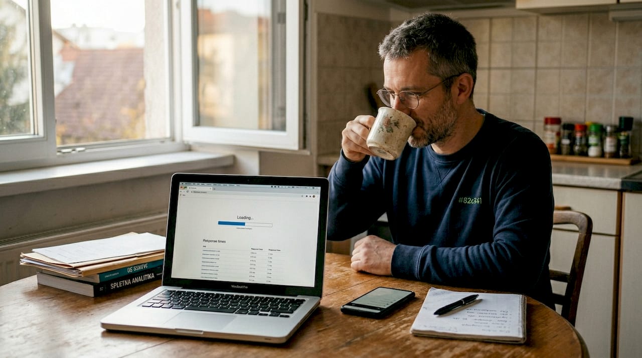 Mo&scaron;ki preverja hitrost delovanja spletne strani na prenosniku.