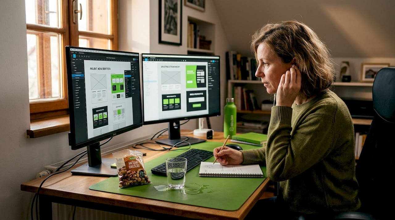 Mlajša ženska si pri oblikovanju spletne strani pomaga z umetno inteligenco.