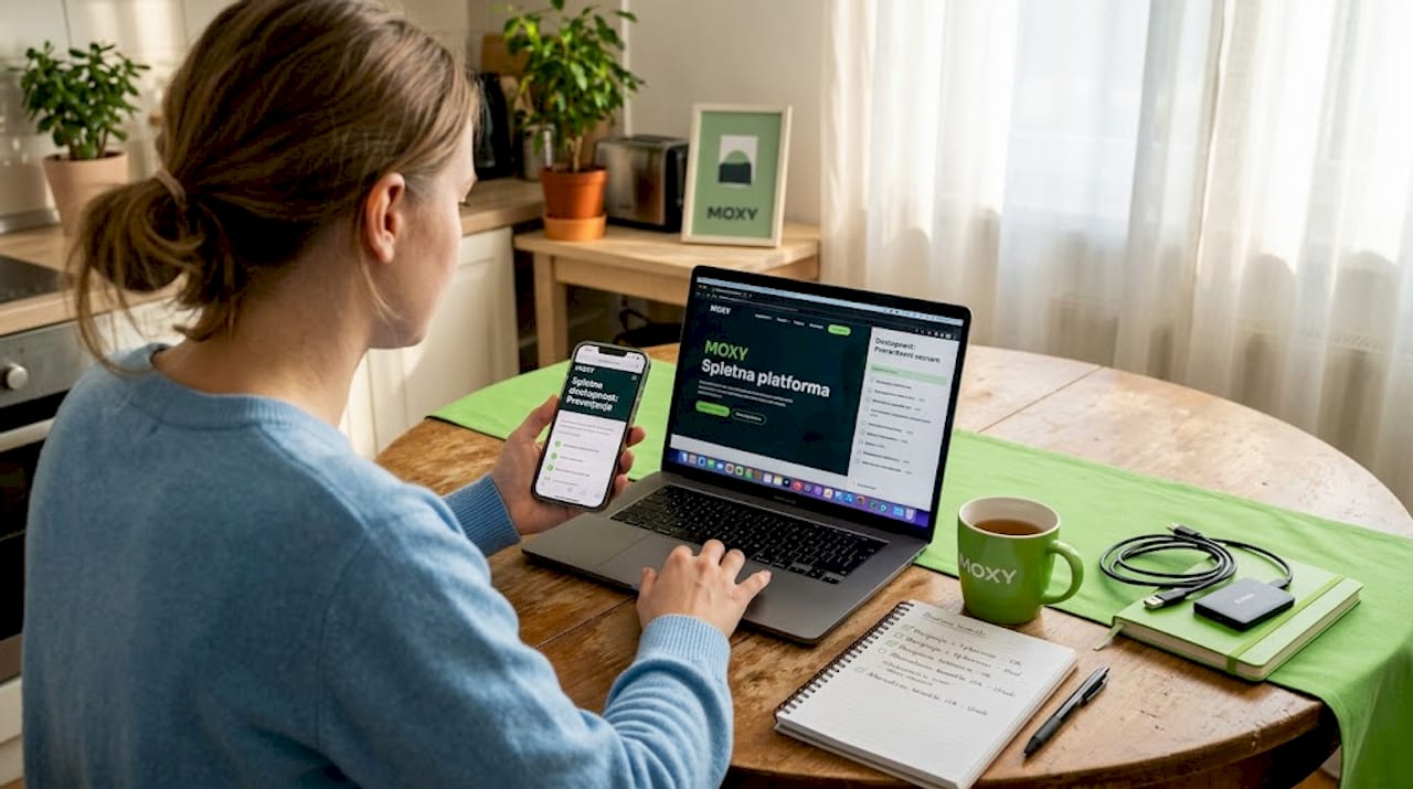 Ženska za kuhinjsko mizo preverja, ali je spletna stran dostopna vsem uporabnikom.