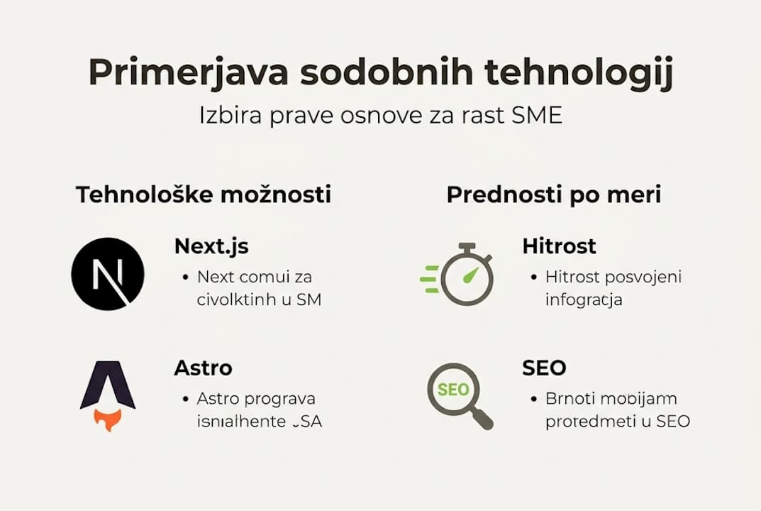 Pregledna infografika, ki prikazuje in primerja različne spletne tehnologije ter njihove prednosti