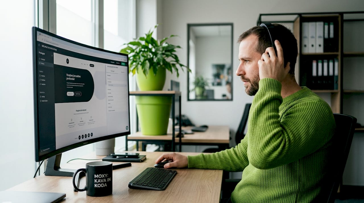 A man managing website content at a computer in an office.